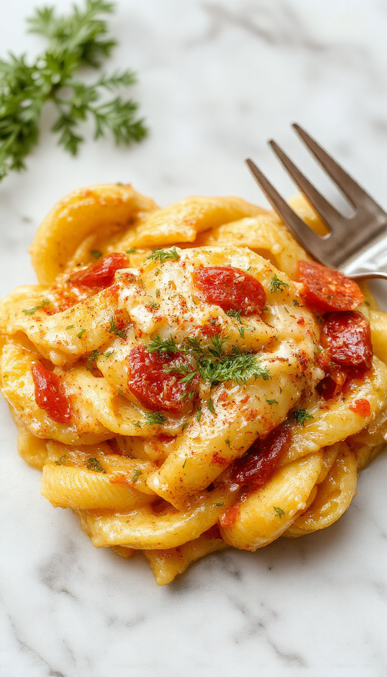 A close-up of a white plate filled with creamy garlic tomato pasta topped with fresh basil leaves. The pasta is coated in a rich, creamy red sauce with visible cherry tomato halves and garlic bits, garnished with a sprinkle of grated cheese and black pepper. The vibrant red of the sauce contrasts with the bright green basil and the golden hue of the pasta, styled elegantly on a rustic wooden table.