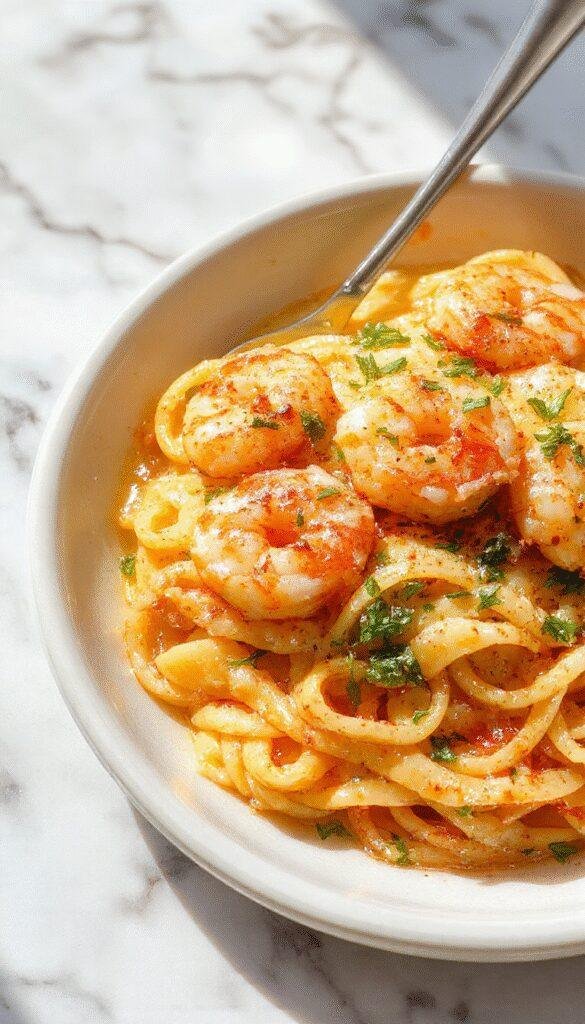 A close-up of a creamy, garlicky shrimp pasta served on a white plate, garnished with fresh parsley and lemon zest, showcasing golden-brown shrimp and glossy pasta with a rich sauce, styled on a rustic wooden table with a fork lifting a bite.