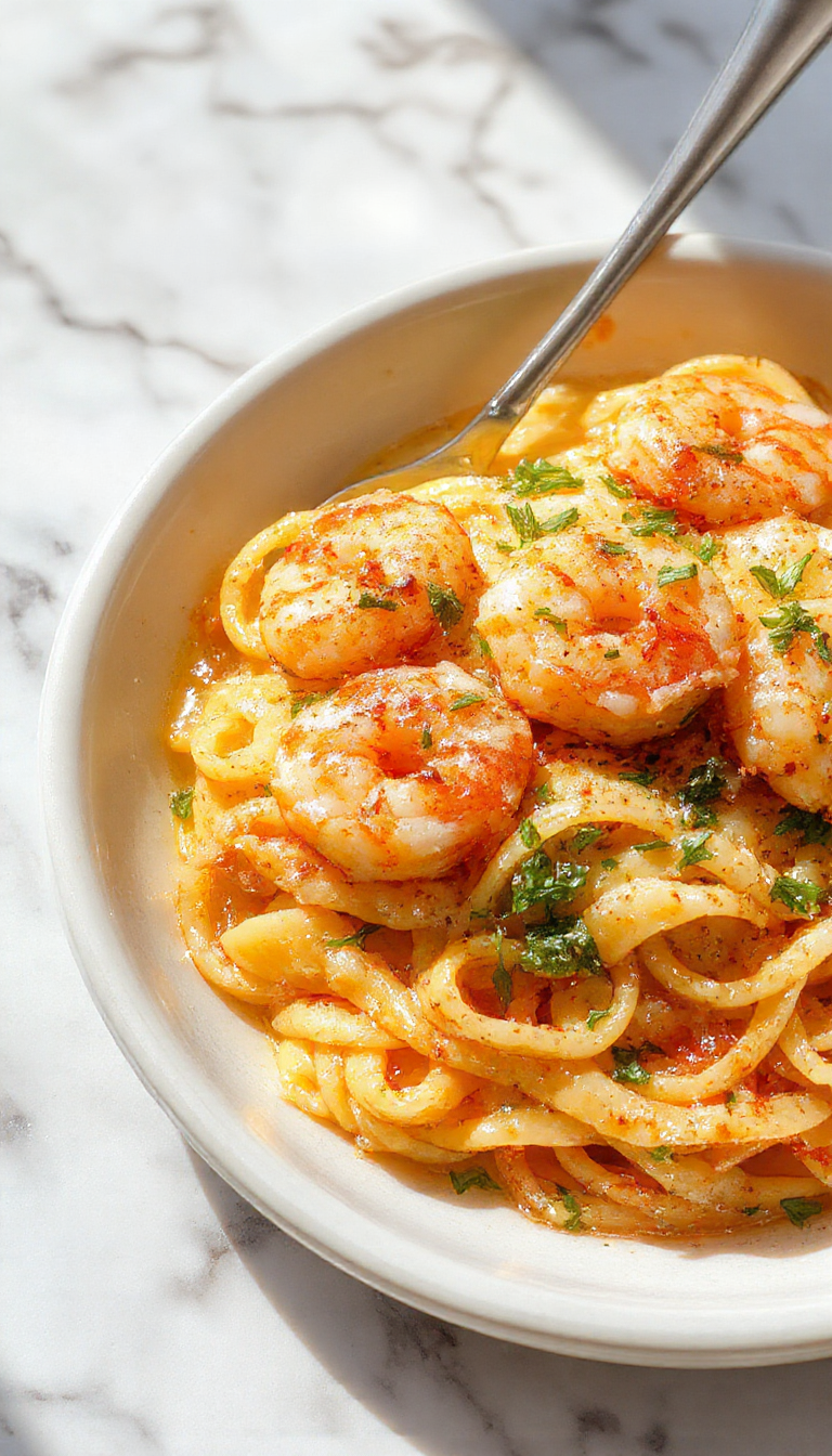 A close-up of a creamy, garlicky shrimp pasta served on a white plate, garnished with fresh parsley and lemon zest, showcasing golden-brown shrimp and glossy pasta with a rich sauce, styled on a rustic wooden table with a fork lifting a bite.