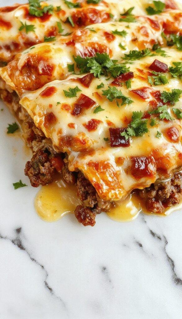 A close-up of a serving of cheesy ground beef enchiladas on a white plate, topped with melted cheese and fresh cilantro. The enchiladas are rolled and garnished with slices of lime. The background features a rustic wooden table with colorful Mexican-themed accents, highlighting the vibrant red sauce and gooey cheese textures.