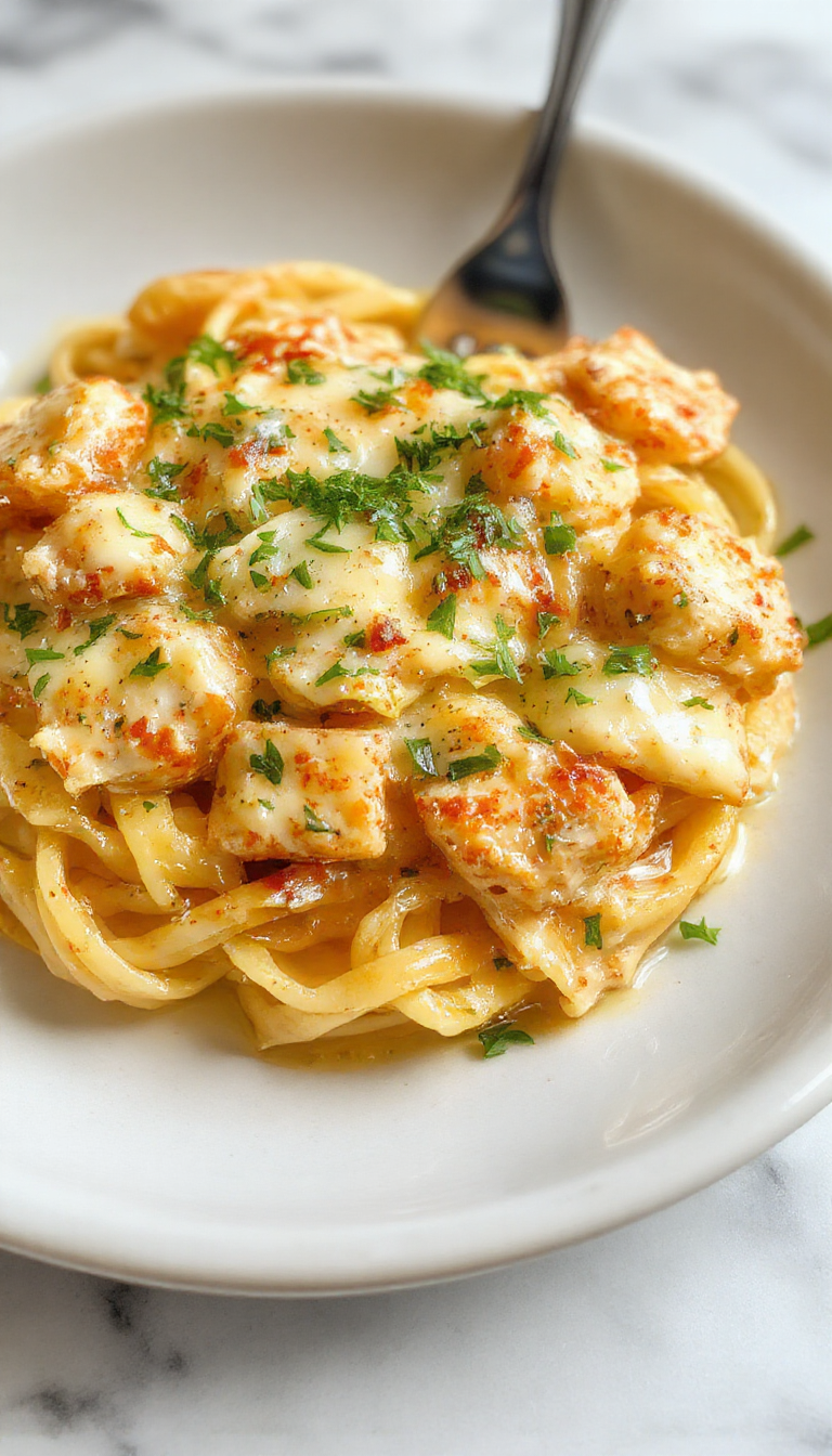 A close-up of a white plate filled with creamy chicken Alfredo pasta topped with sliced grilled chicken, garnished with fresh parsley. The pasta is coated in a rich, smooth white sauce with a few grated Parmesan shavings on top. The dish is presented on a rustic wooden table with a fork on the side and a sprig of parsley for garnish, evoking a cozy, inviting meal.