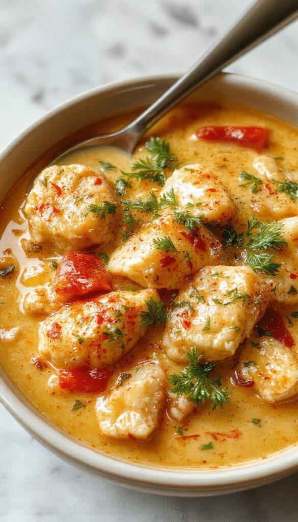A warm bowl of creamy chicken soup featuring chunks of tender chicken, melted cheese, herbs, and a sprinkle of fresh parsley, served with crusty bread on a rustic wooden table.