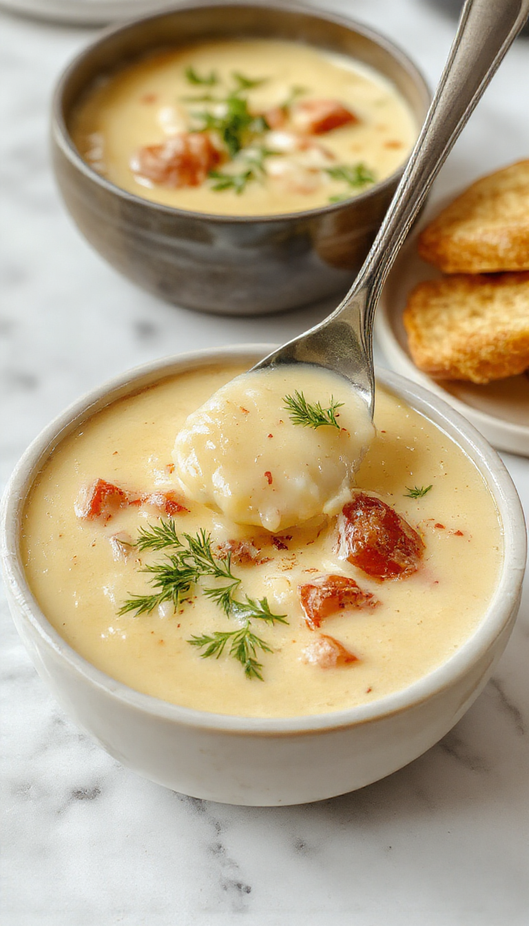 A vibrant bowl of creamy Italian Penicillin Soup features a rich, golden broth topped with melted cheese, fresh herbs, and a drizzle of olive oil, served in a rustic white bowl on a wooden table with crusty bread and a sprig of basil for garnish. The soup's texture looks velvety with visible chunks of vegetables and herbs, creating an inviting and hearty presentation.