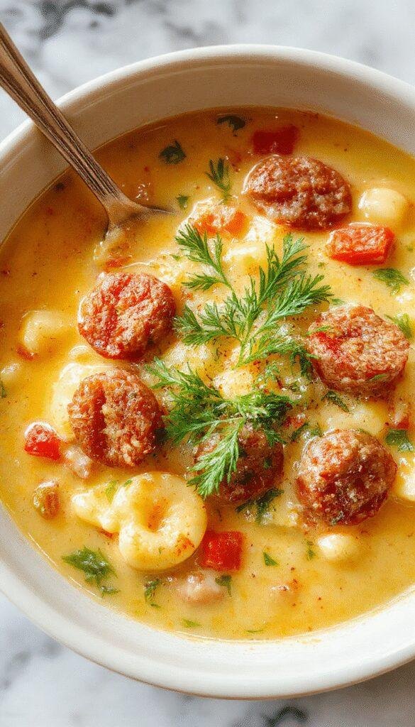 A vibrant bowl of creamy Italian sausage gnocchi soup featuring golden-brown sausage slices, soft gnocchi, fresh spinach, and a rich, velvety broth garnished with herbs, styled in a rustic white bowl on a wooden surface with a spoon.