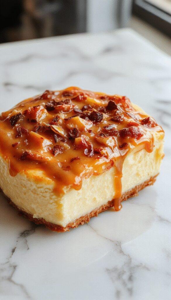 A rich, creamy cheesecake topped with golden butterscotch sauce and sprinkled with crushed nuts, garnished with caramel drizzles, presented on a elegant white plate with a fork beside it, with a blurred background of a cozy kitchen setting.