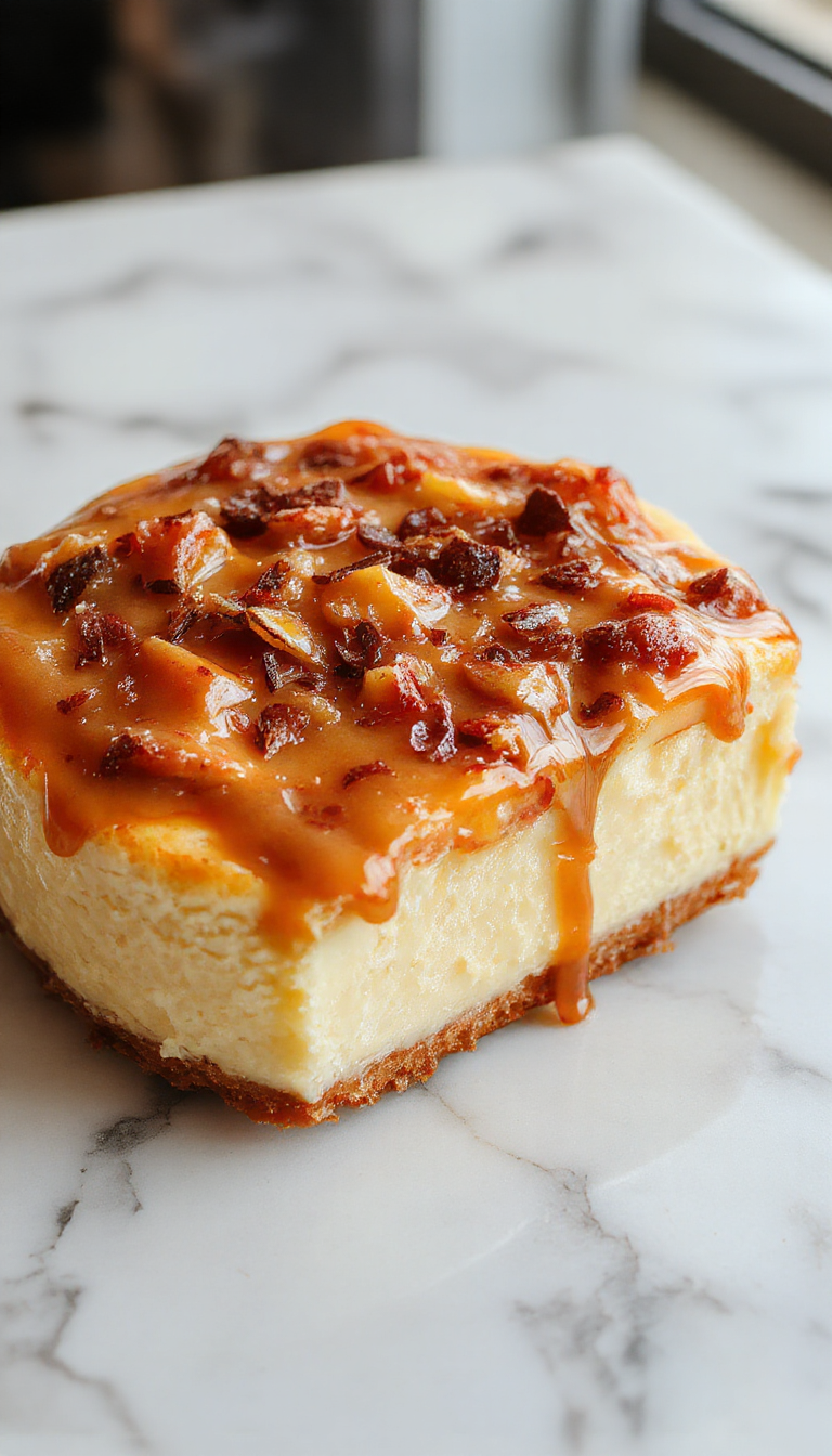 A rich, creamy cheesecake topped with golden butterscotch sauce and sprinkled with crushed nuts, garnished with caramel drizzles, presented on a elegant white plate with a fork beside it, with a blurred background of a cozy kitchen setting.