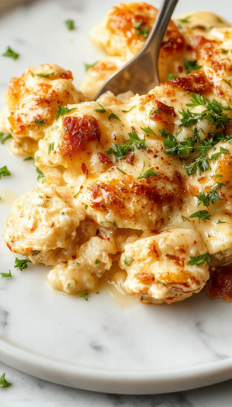 A close-up of a baked chicken casserole in a white ceramic dish, topped with melted cheese and garnished with chopped herbs, served alongside fresh vegetables, showcasing a golden, creamy, and savory appeal.