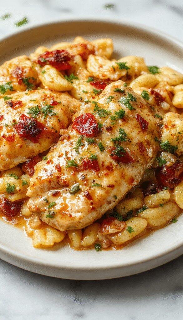 A close-up of a plated serving of creamy Marsala chicken atop fragrant, golden orzo pasta. The chicken is coated in a rich, glossy sauce with herbs, garnished with a sprig of fresh parsley. The dish is presented on a white plate with a rustic wooden table background, highlighting the textures and vibrant colors of the meal.