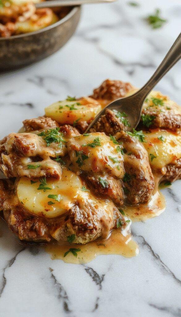 A vibrant, rustic skillet filled with creamy browned meat chunks, tender golden potatoes, and fresh herbs, all cooked together to create a savory, cheesy dish with a rich sauce, styled on a wooden surface with scattered herbs and a spoon for serving.