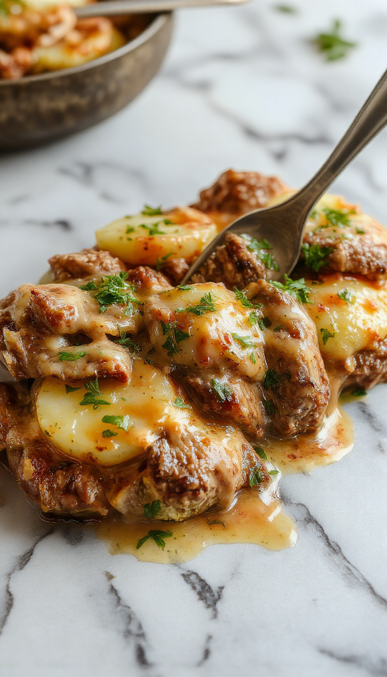 A vibrant, rustic skillet filled with creamy browned meat chunks, tender golden potatoes, and fresh herbs, all cooked together to create a savory, cheesy dish with a rich sauce, styled on a wooden surface with scattered herbs and a spoon for serving.