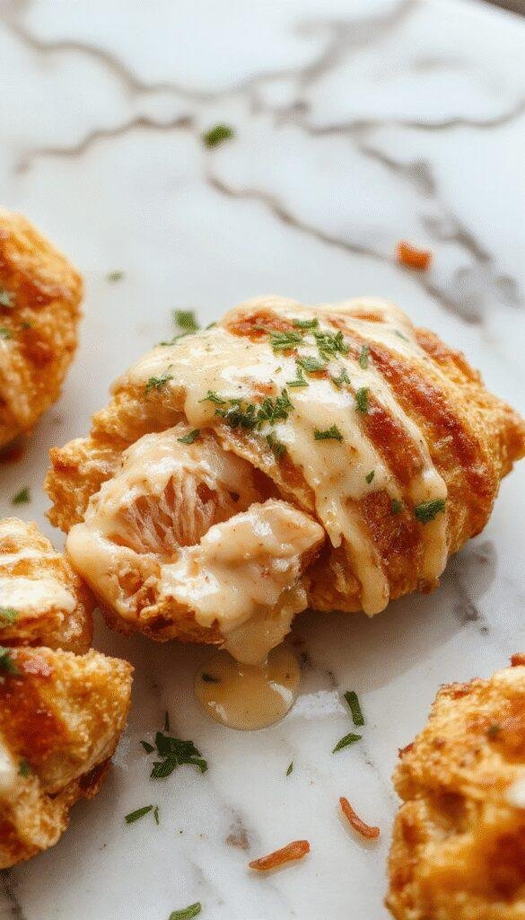 A close-up of sliced melt in your mouth chicken with a golden-brown crust, topped with fresh herbs on a white plate, served alongside a vibrant vegetable medley, with a glossy sauce glistening under soft lighting.