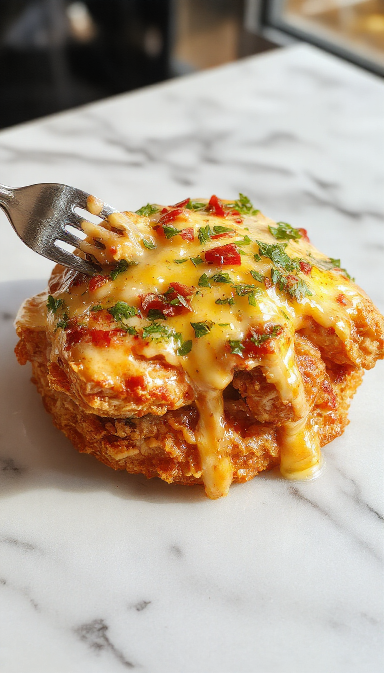 A close-up of succulent, golden-brown chicken breasts topped with a creamy sauce, garnished with fresh herbs, served on a white plate with a glossy finish, featuring a rich, velvety texture and inviting presentation.