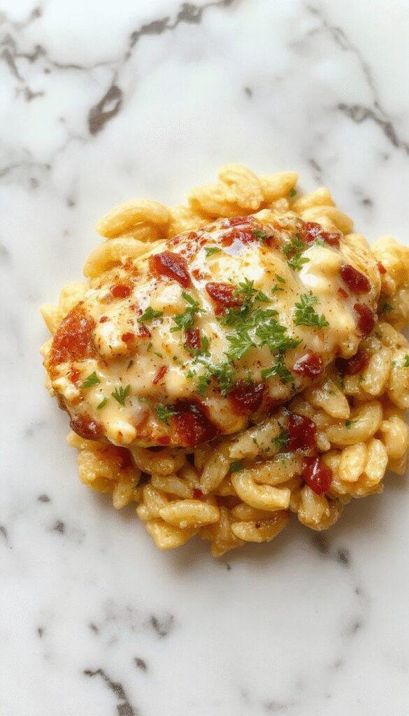 Colorful plate featuring golden-brown monterey chicken topped with melted cheese, served alongside tender orzo pasta mixed with vibrant cherry tomatoes and fresh herbs, all styled on a rustic white plate with a drizzle of sauce.