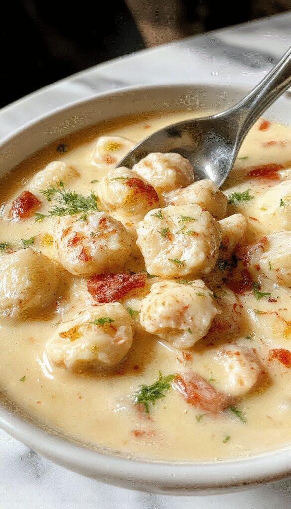 A close-up of a rich, creamy chicken gnocchi soup in a white bowl, showing tender gnocchi, shredded chicken, spinach, and a golden broth. The soup is garnished with fresh herbs and served on a rustic wooden table with a spoon, highlighting the textures and inviting appearance.