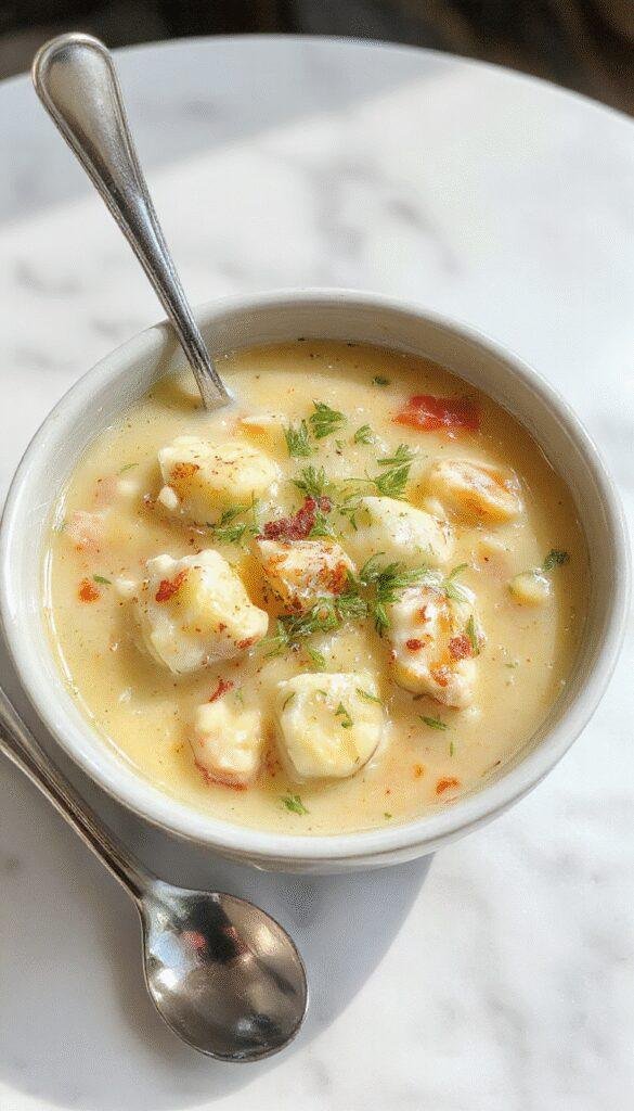 A richly textured bowl of creamy chicken gnocchi soup garnished with fresh herbs, showcasing tender gnocchi, bits of chicken, vegetables, and a velvety broth, presented on a rustic wooden table with a spoon and a sprig of basil for garnish.