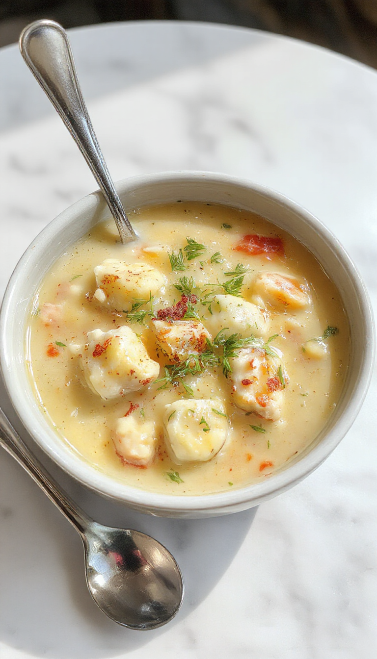 A richly textured bowl of creamy chicken gnocchi soup garnished with fresh herbs, showcasing tender gnocchi, bits of chicken, vegetables, and a velvety broth, presented on a rustic wooden table with a spoon and a sprig of basil for garnish.
