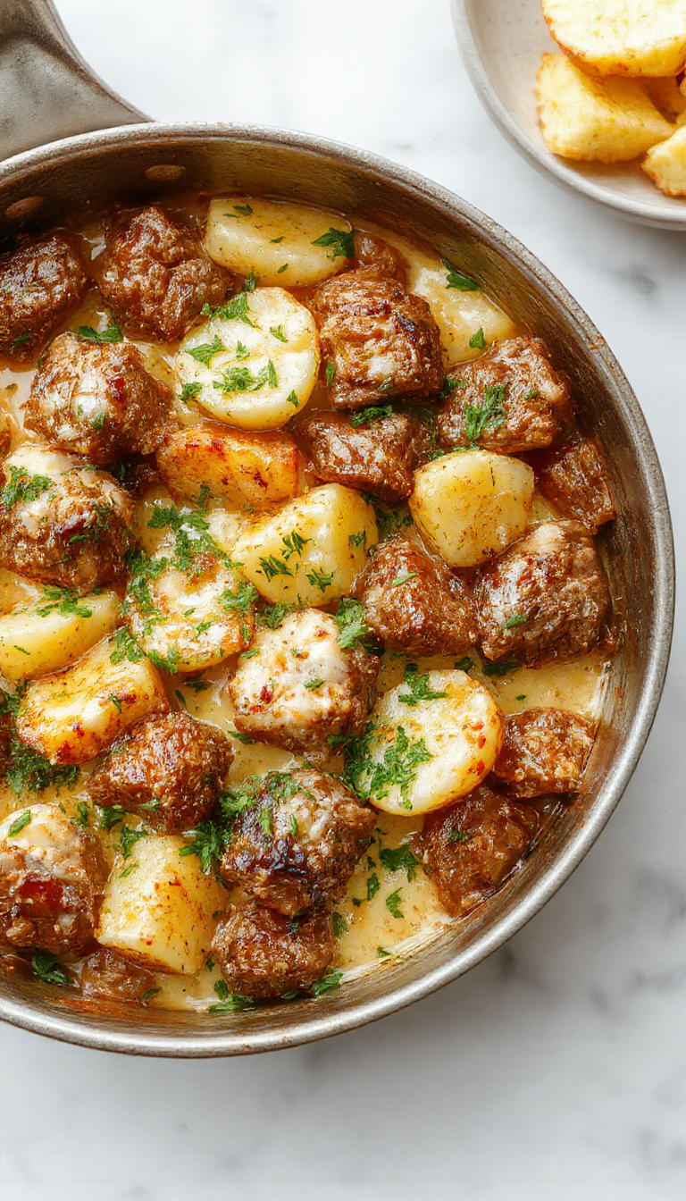 A vibrant skillet featuring golden-brown crispy potatoes, tender slices of meat coated in a creamy sauce, garnished with fresh herbs, and served on a rustic wooden table with a side of green vegetables, highlighting textures and appetizing colors