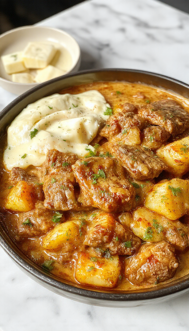 A close-up of a rustic skillet filled with creamy meat and potato mixture, topped with fresh herbs. The dish features golden-brown potatoes and tender meat in a rich, velvety sauce, presented on a wooden table with a serving spoon nearby.