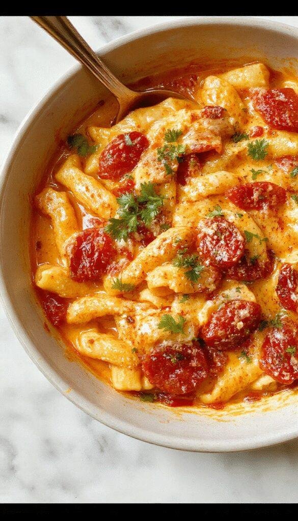 A vibrant bowl of creamy tomato pasta featuring al dente spaghetti coated in a rich, velvety red sauce. Garnished with fresh basil leaves and grated Parmesan cheese, the dish is elegantly plated on a rustic wooden surface with a drizzle of olive oil and a sprinkle of black pepper, capturing a warm, inviting atmosphere with bright natural lighting.