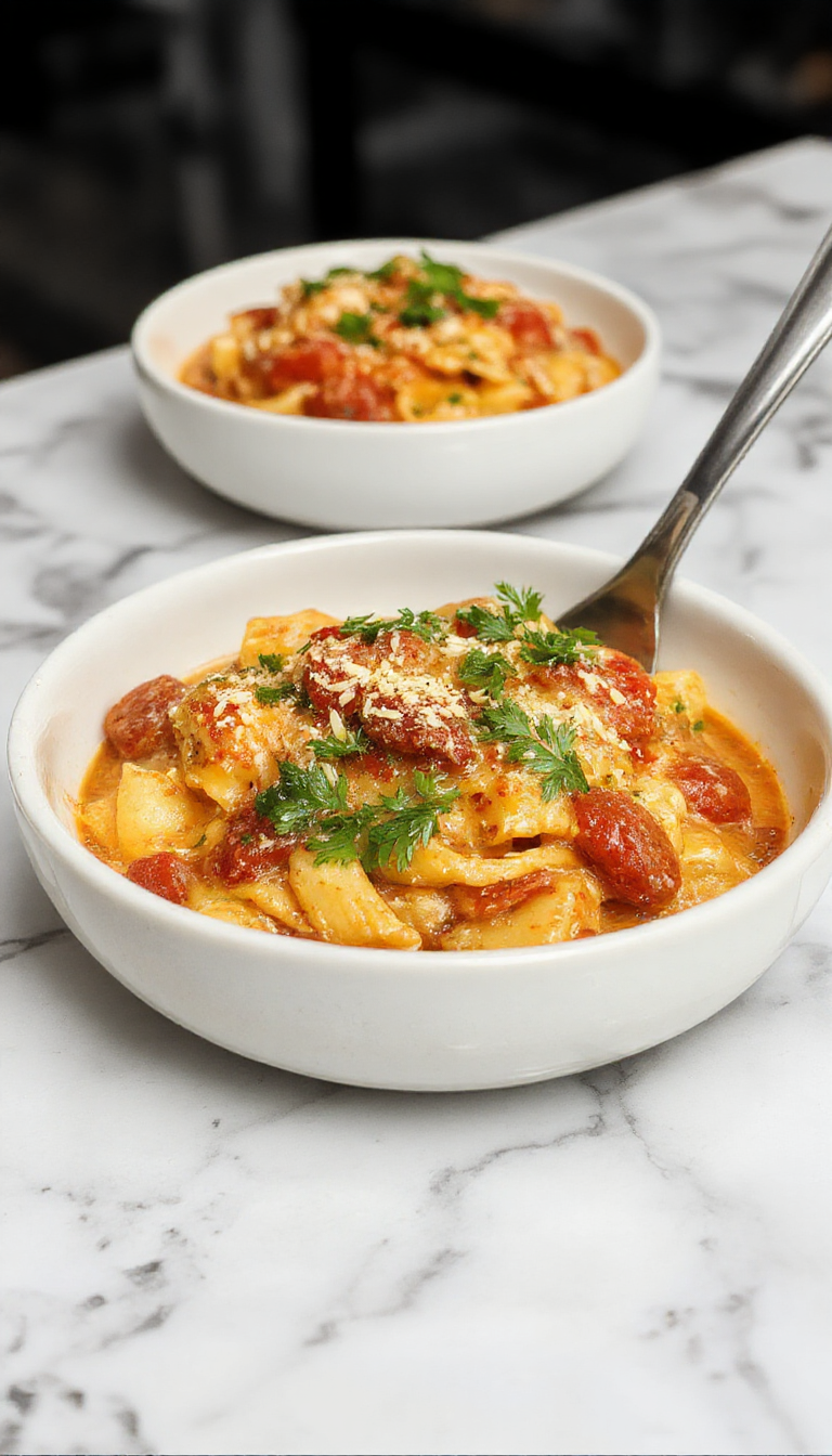 A vibrant bowl of creamy tomato pasta topped with fresh basil, captured from above. The pasta has a rich, glossy sauce with chunks of ripe tomatoes and a sprinkle of grated cheese. The dish is presented on a rustic wooden table with a silver fork on the side, highlighting its creamy texture and inviting aroma.