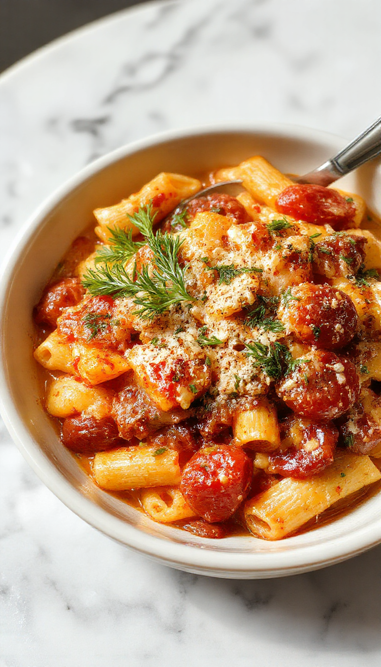 A steaming bowl of creamy tomato pasta garnished with fresh basil and grated cheese, served on a rustic white plate with a creamy sauce visible around the pasta noodles, topped with a sprig of basil and a sprinkle of cheese, set against a neutral background.