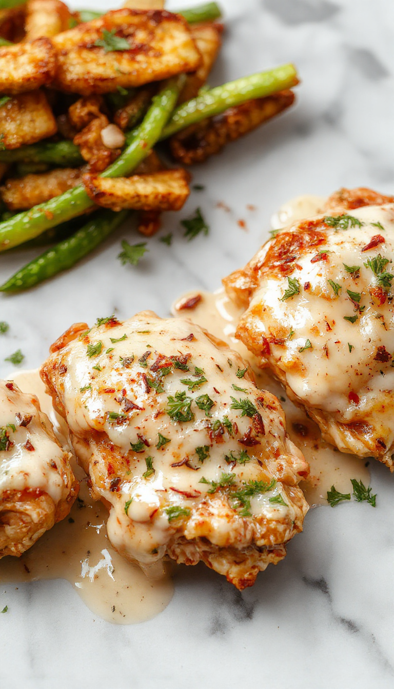 Succulent chicken thighs with a golden-brown crisp skin, topped with a creamy white sauce, arranged on a white plate with herbs garnished around, vibrant presentation