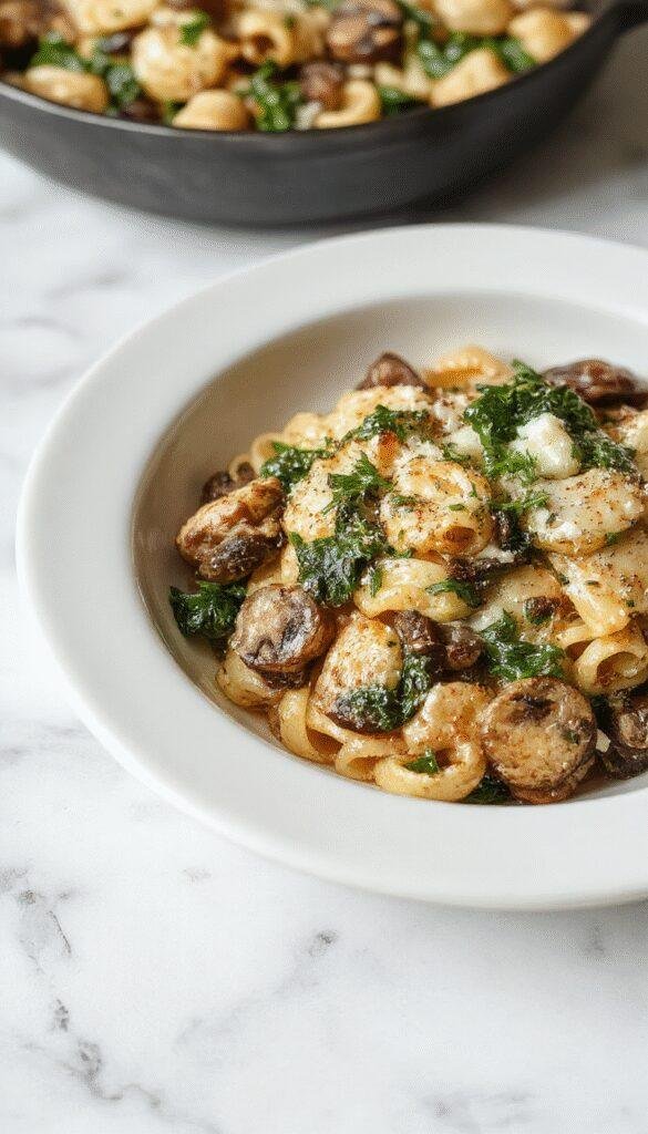 A vibrant skillet filled with golden-brown sautéed mushrooms, fresh bright green spinach, and creamy Parmesan sauce topped with grated cheese, all beautifully plated with a rustic wooden background and garnished with chopped herbs, showcasing a rich and hearty pasta dish with contrasting textures and colors.
