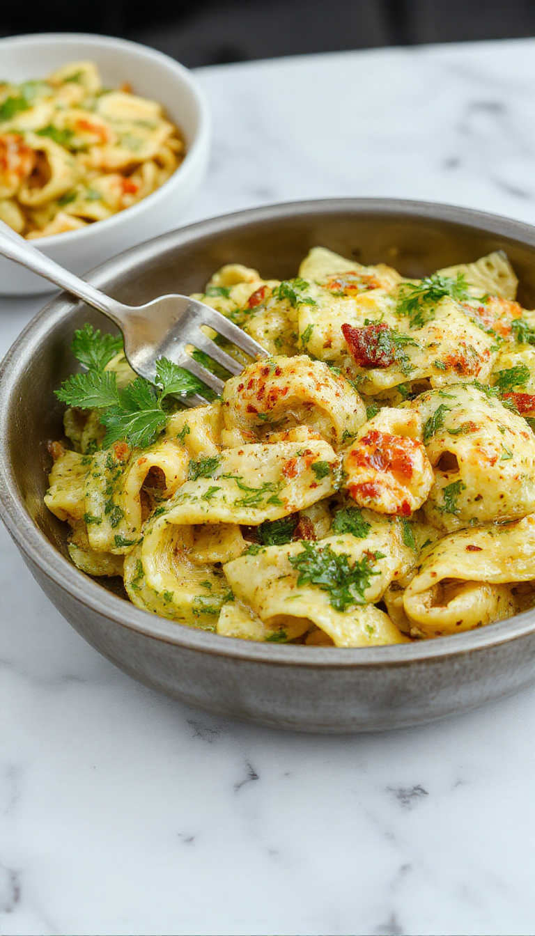 A close-up view of a white ceramic plate filled with creamy pesto pasta garnished with fresh basil leaves and grated Parmesan cheese, vibrant green pesto sauce coating the al dente pasta, with a rustic wooden table background.