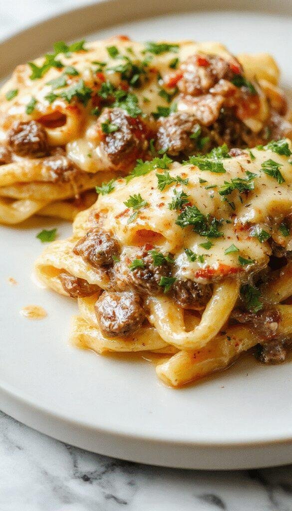 A vibrant plate of Philly cheese steak pasta featuring tender sliced steak, melted cheese, colorful bell peppers, and onions atop al dente pasta, styled on a rustic wooden table with a sprinkle of fresh herbs and a side of crusty bread.