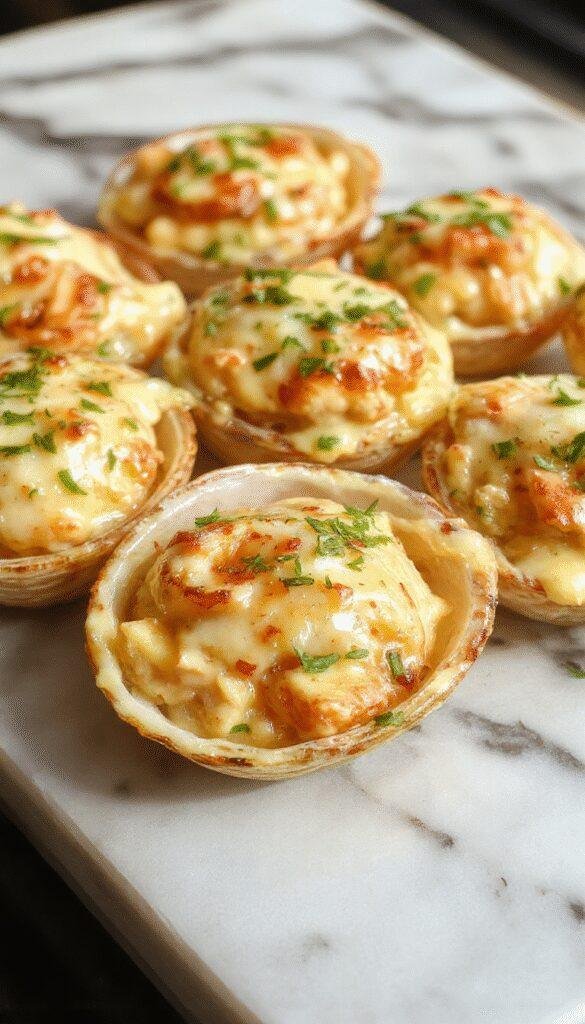 A vibrant plate of creamy seafood stuffed shells featuring large pasta shells filled with a rich seafood mixture, topped with melted cheese and fresh herbs. The dish is presented on a white plate with a colorful backdrop, highlighting the golden-brown cheese, succulent seafood, and green garnish with a glossy sauce texture.