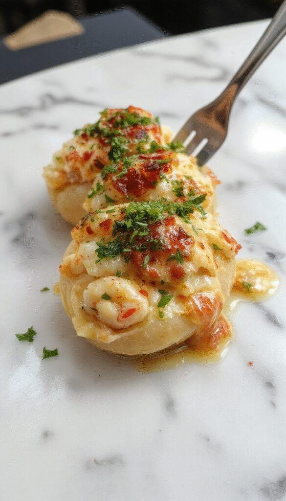 A close-up of a white plate featuring large, cooked pasta shells filled with a creamy seafood mixture, topped with melted cheese and garnished with fresh parsley, with a vibrant backdrop of colorful ingredients and a rustic wooden table.