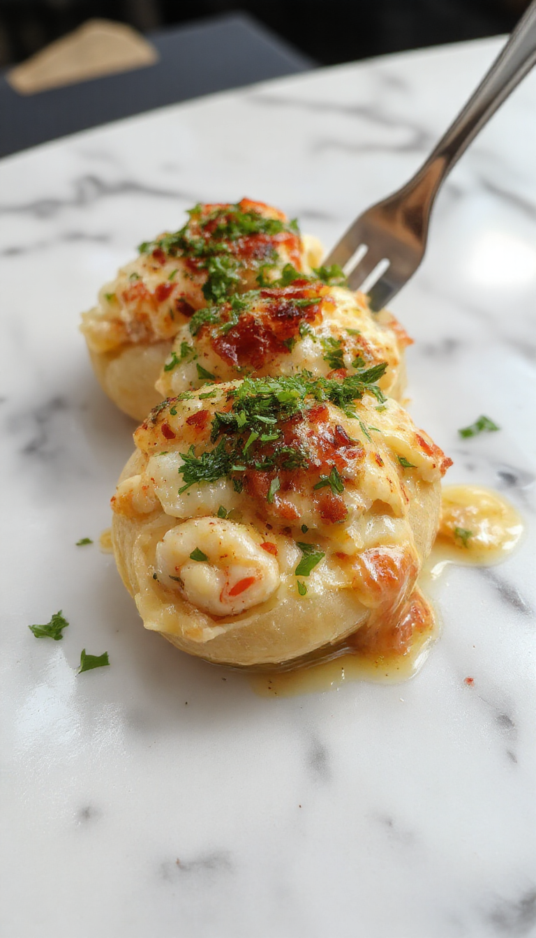 A close-up of a white plate featuring large, cooked pasta shells filled with a creamy seafood mixture, topped with melted cheese and garnished with fresh parsley, with a vibrant backdrop of colorful ingredients and a rustic wooden table.