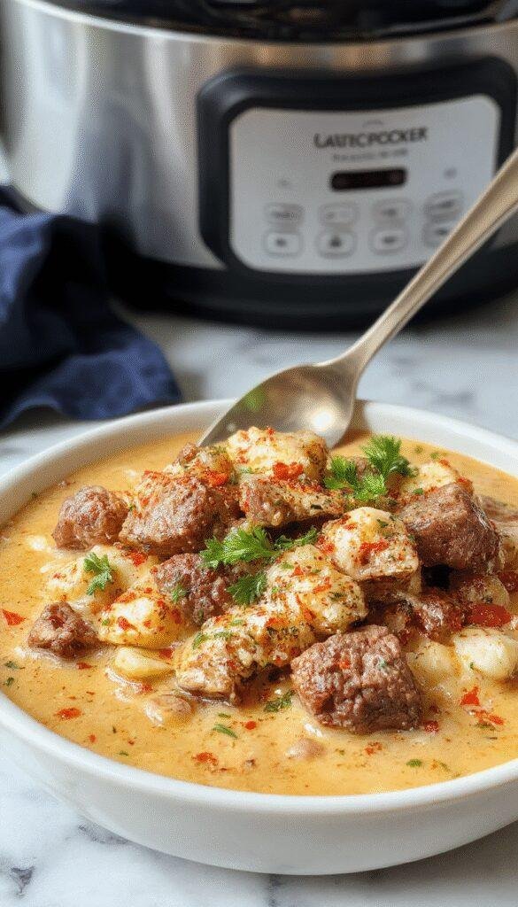 A vibrant bowl of slow cooker beef coconut curry featuring tender beef chunks immersed in a rich, creamy coconut sauce, garnished with fresh cilantro and served alongside fluffy rice, with a rustic wooden background and colorful spices sprinkled around.