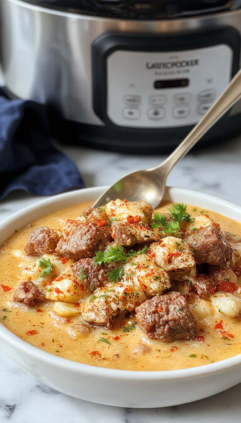 A vibrant bowl of slow cooker beef coconut curry featuring tender beef chunks immersed in a rich, creamy coconut sauce, garnished with fresh cilantro and served alongside fluffy rice, with a rustic wooden background and colorful spices sprinkled around.