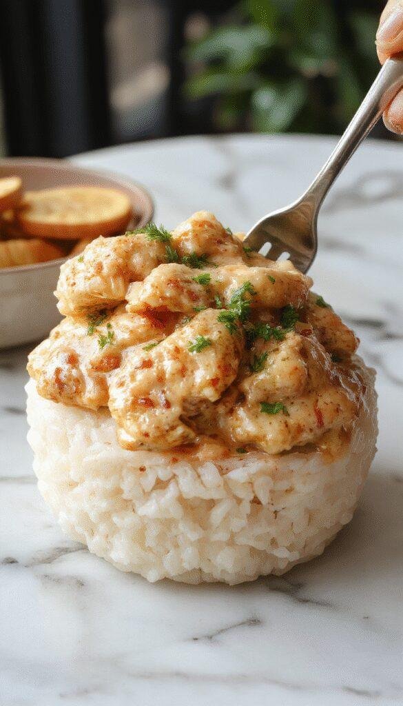 A vibrant plate featuring creamy smothered chicken atop fluffy white rice, garnished with fresh herbs, with a rich sauce oozing from tender chicken pieces, styled on a rustic wooden table with warm lighting.