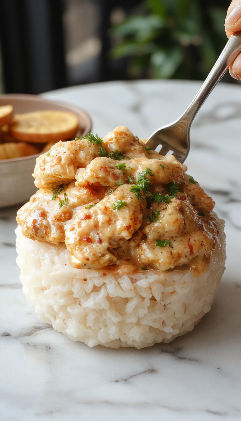 A vibrant plate featuring creamy smothered chicken atop fluffy white rice, garnished with fresh herbs, with a rich sauce oozing from tender chicken pieces, styled on a rustic wooden table with warm lighting.