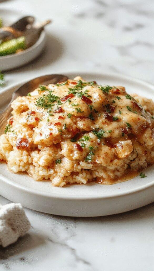 A plate featuring tender, golden-brown chicken smothered in a creamy sauce, served over fluffy white rice, garnished with chopped herbs and served on a rustic table