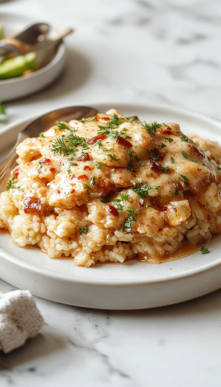 A plate featuring tender, golden-brown chicken smothered in a creamy sauce, served over fluffy white rice, garnished with chopped herbs and served on a rustic table