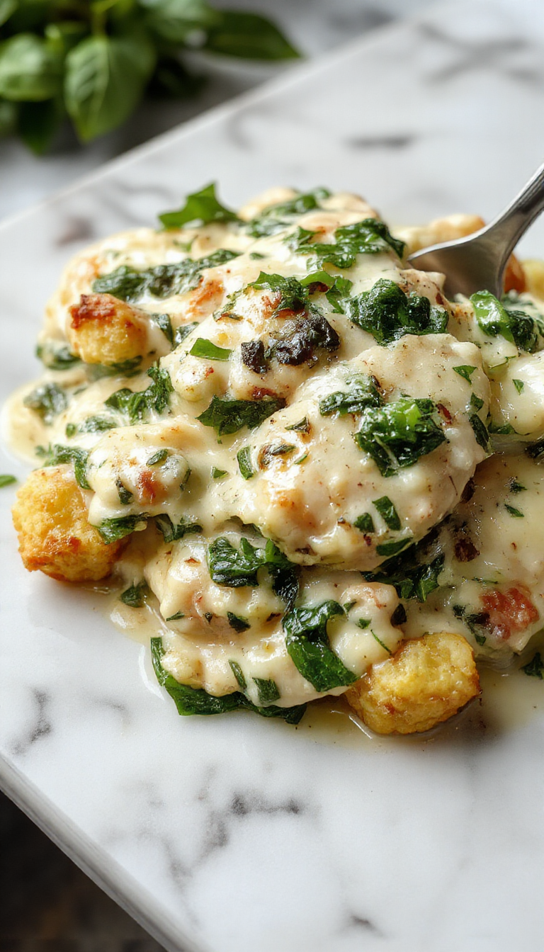 A close-up of a creamy chicken and spinach casserole in a white baking dish, topped with melted cheese and garnished with fresh herbs, showcasing a golden-brown crust and vibrant green spinach.