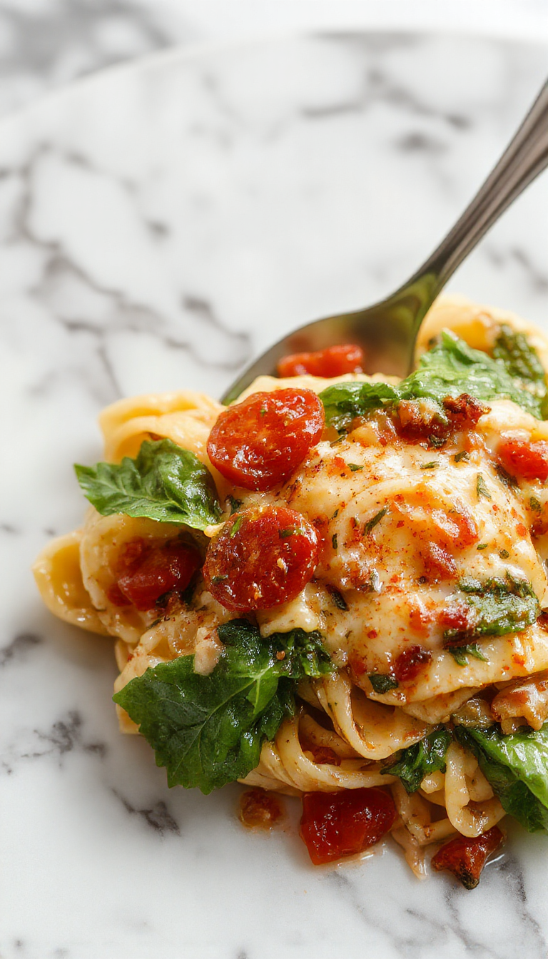 A vibrant plate of creamy spinach tomato pasta featuring bright red cherry tomatoes, lush green spinach, and al dente pasta coated in a glossy, creamy sauce, garnished with grated cheese and fresh basil on a rustic wooden table.