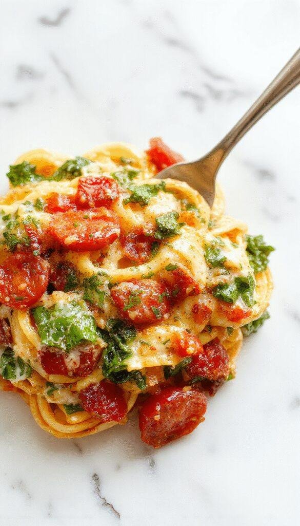 A vibrant plate of creamy spinach and ripe tomato pasta featuring fresh green spinach, shredded cheese topping, cherry tomatoes, and garnished with herbs on a rustic wooden table with a fork entwined with noodles