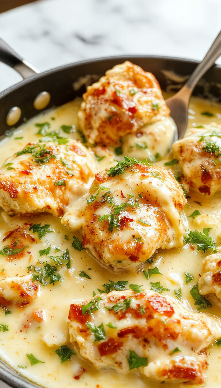 A vibrant, mouthwatering skillet of butter chicken featuring tender golden-brown chicken pieces coated in a smooth, creamy butter sauce. The dish is topped with fresh chopped herbs, served in a rustic skillet on a wooden table, with a side of crusty bread and steamed vegetables. The rich sauce glistens, and the chicken has a crispy exterior with juicy interior, presented in a cozy, inviting setting.