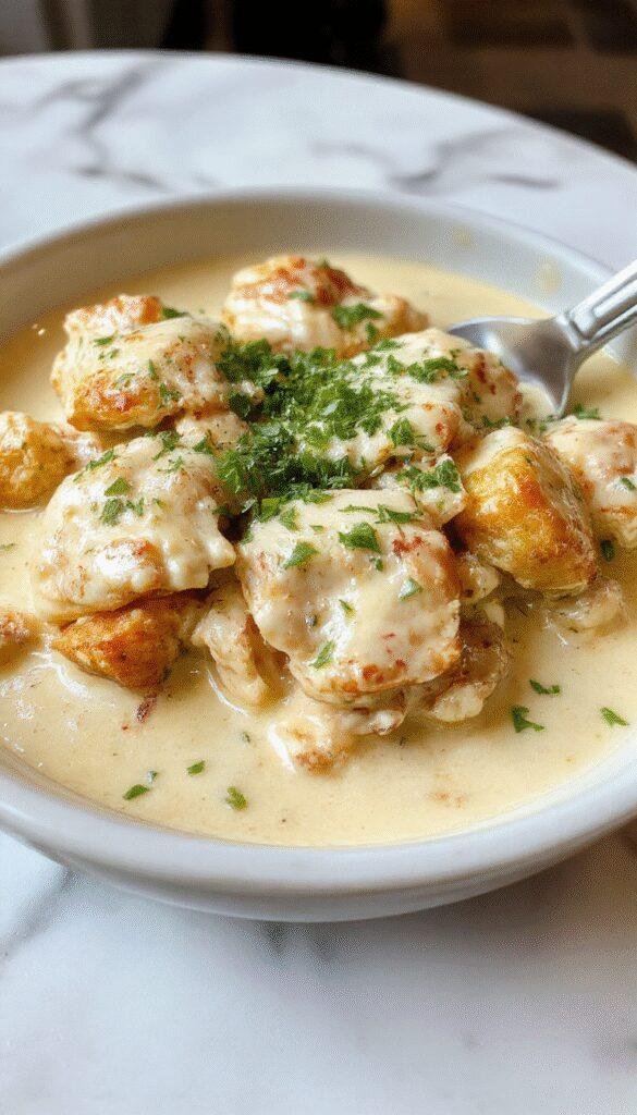 A vibrant skillet dish featuring tender pieces of chicken coated in a rich, creamy butter sauce, garnished with chopped herbs and served hot on a rustic wooden table, with a side of crusty bread and fresh greens enhancing the colorful presentation.