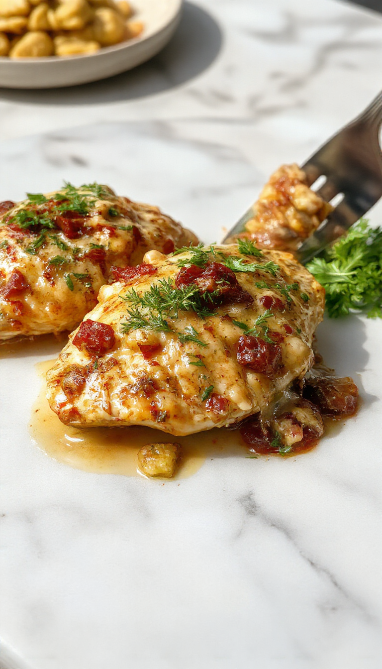 A beautifully plated creamy Tuscan chicken dish featuring tender chicken breasts topped with a rich, creamy sauce studded with sun-dried tomatoes, fresh spinach, and grated Parmesan cheese. The dish is served on a rustic white plate, garnished with chopped herbs, with a side of pasta and a drizzle of sauce visible. The vibrant green spinach contrasts with the creamy white sauce, creating an appetizing and elegant presentation.