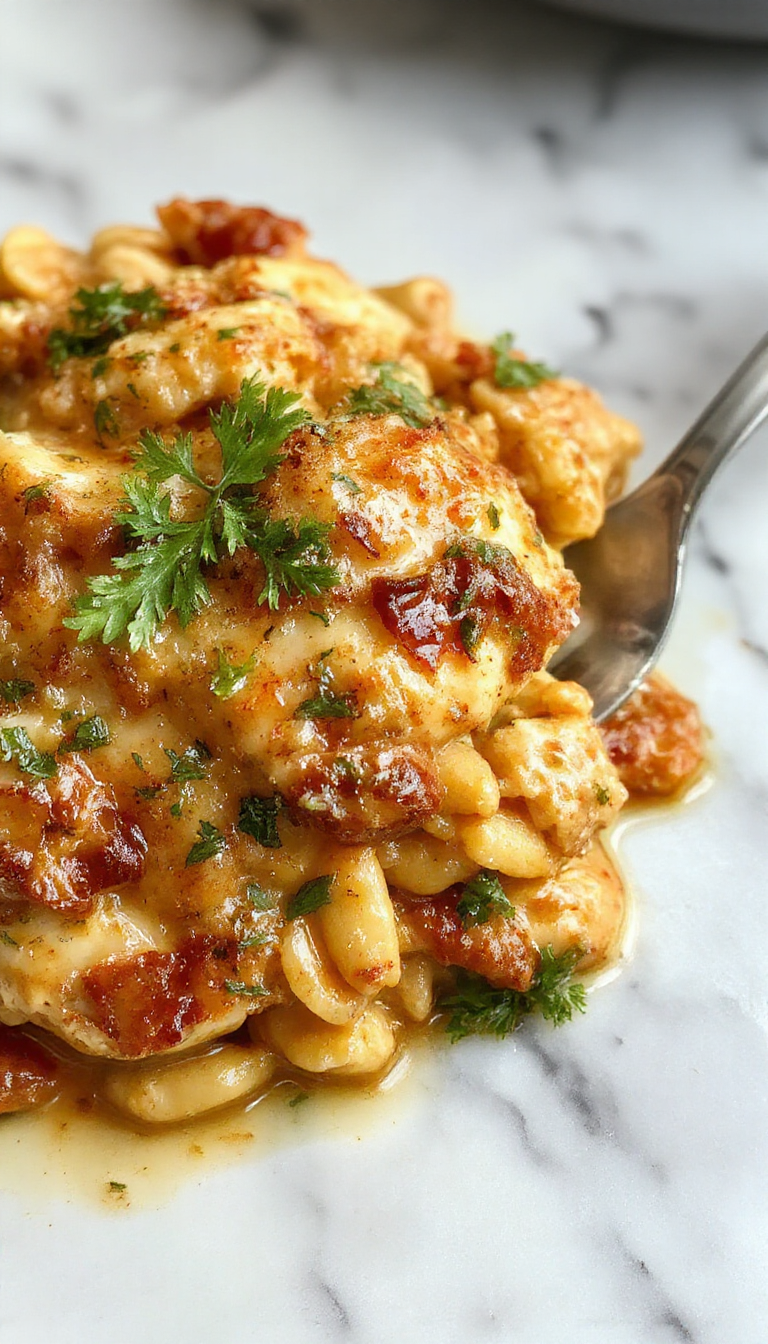 A vibrant dish featuring tender pieces of chicken nestled in a creamy herb sauce with al dente orzo pasta, garnished with fresh basil and cherry tomatoes, served in a rustic white bowl on a wooden table with a sprig of thyme nearby