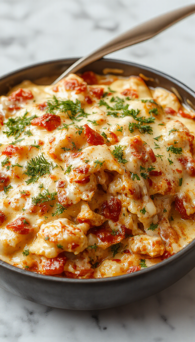 A close-up of a skillet filled with layered white chicken lasagna, topped with melted cheese and herbs, showing tender chicken chunks and creamy sauce, vibrant golden brown edges, and fresh basil garnish