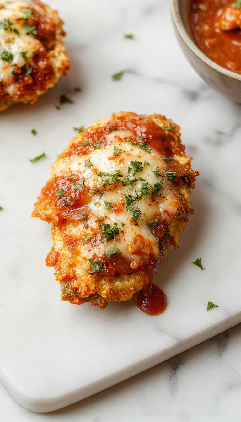 A golden-brown baked chicken parmesan fillet topped with melted mozzarella and marinara sauce, garnished with fresh basil, served on a stylish plate with a side of spaghetti and a sprig of basil, vibrant red sauce contrasts with crispy breading and gooey cheese, styled in natural light highlighting textures.