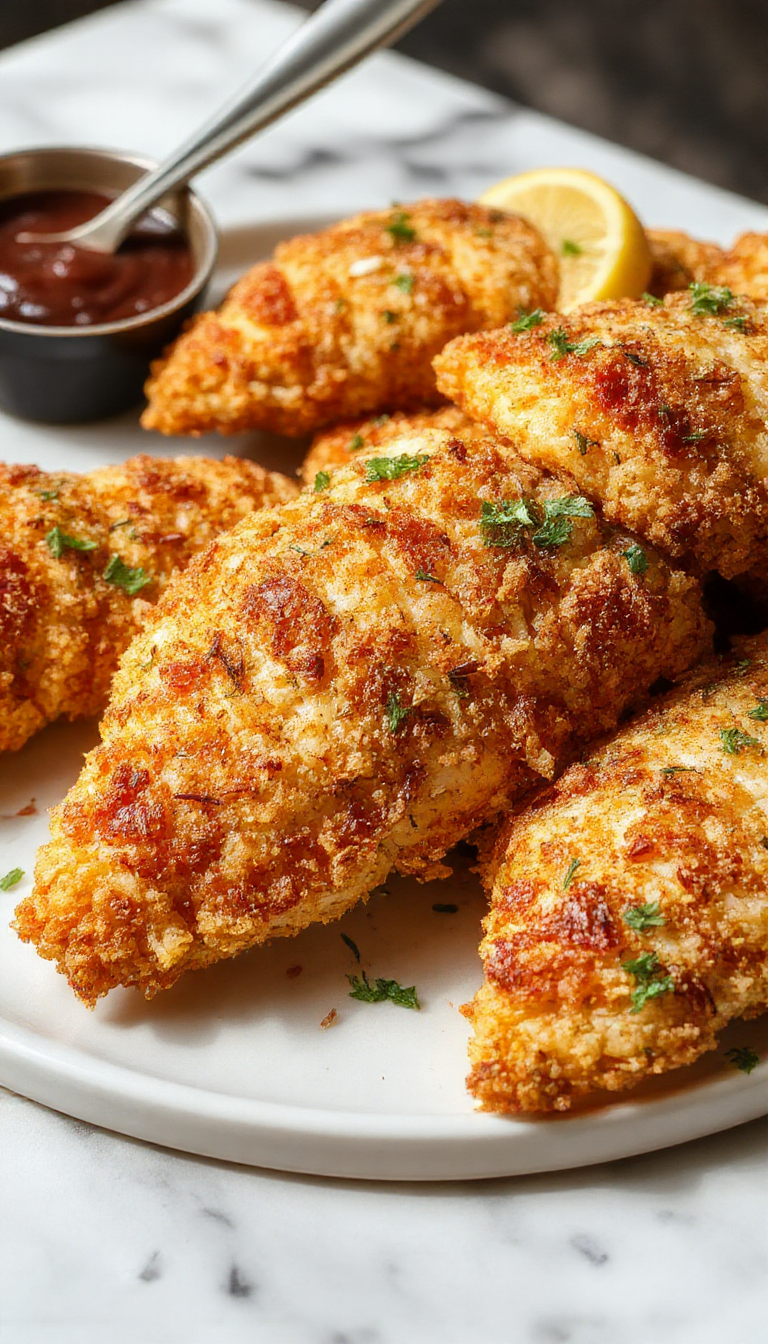 Golden-brown crispy baked chicken tenders arranged on a white plate with a side of fresh green herbs, garnished with a sprinkle of black pepper, plated on a rustic wooden table, with a dipping sauce in a small ramekin, steam rising from the hot tenders highlighting their crunchy texture.