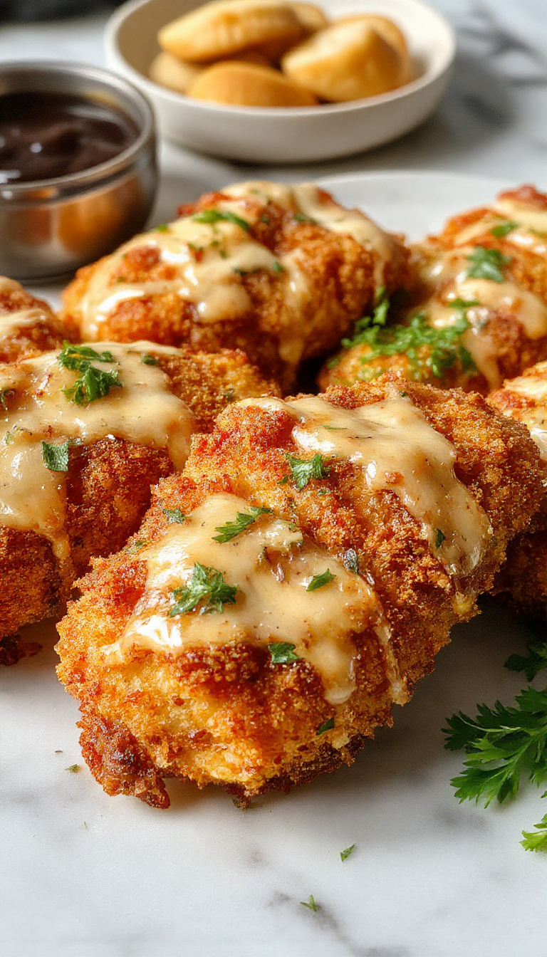 Golden-brown crispy chicken tenders arranged neatly on a white plate with a side of fresh green parsley, served with a small bowl of dipping sauce, set on a rustic wooden table with a blurred background.