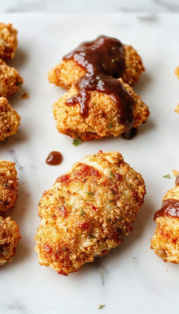 Golden brown crispy chicken tenders arranged neatly on a white plate, garnished with a side of fresh green herbs, the tender coating glistening slightly, with a blurred background of a rustic wooden table and dipping sauces.
